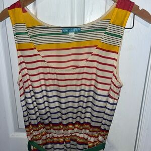 Pim + Larkin Round Neck Striped Midi Silky Dress w Kelly Green Sash